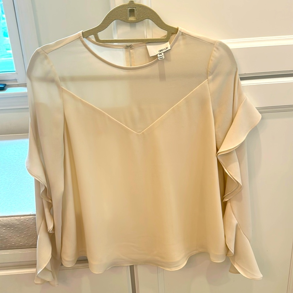 Greylin cream long sleeved blouse with ruffle in XS